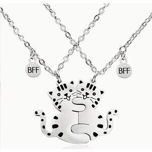 2 Pc Stainless steel BFF Hugging Cats Necklaces Cat Best Friends